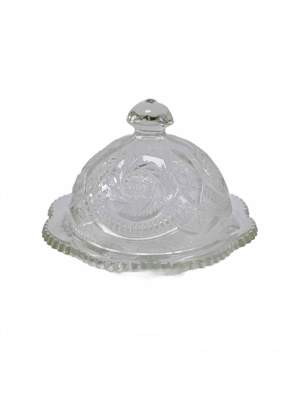 Vtg L.E. Smith Clear Aztec Sunburst Glass Butter Dish
